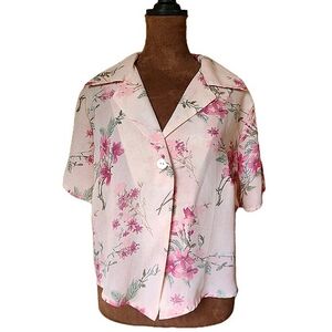 Vintage Bentley Blouse Top Floral‎ Pink One Button Lightweight Coquette Collared